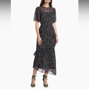 RTR Saloni Vida Ruffled Silk Georgette Asymmetric Hem‎ Floral Midi Dress Sz 6